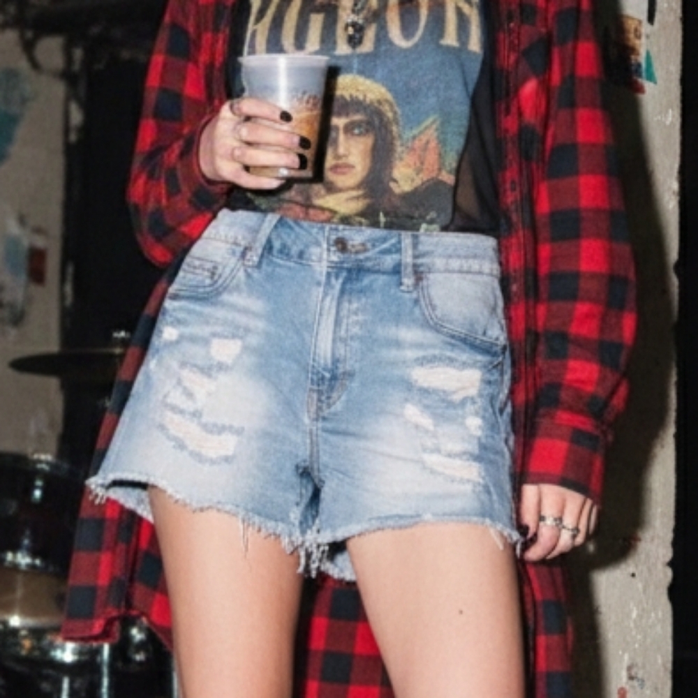 NWT SWS 9 Distressed High Rise Cutt Off Denim Shorts 90s Indie Sleeze Grunge